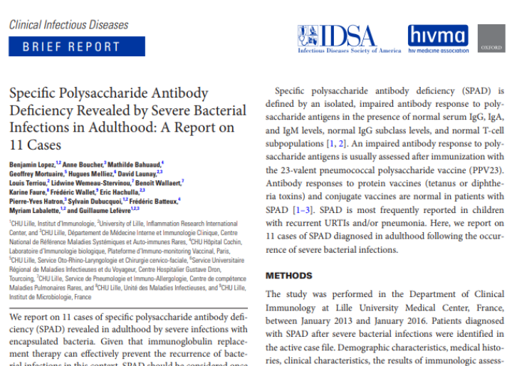 Specific Polysaccharide Antibody Deficiency Revealed by Severe Bacterial Infections in